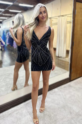 Glitter Black V Neck Beaded Bodycon Short Homecoming Dress